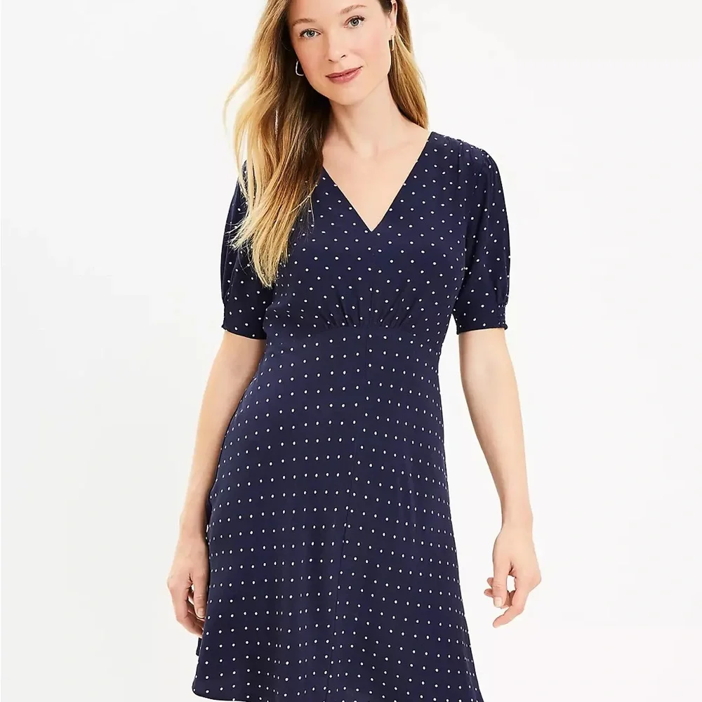LOFT Blue Ruched Ruffled Midi Sundress - Picture 2 of 13